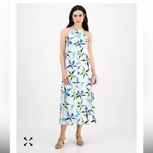 NWT INC  Petite Printed Linen-Blend Halter-Neck Sleeveless Maxi Dress Size P/L